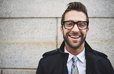 Buy stock photo Portrait of a stylish young businessman in the city