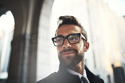 Buy stock photo Thinking, business and man in city, pride and commute with fashion, solution and consultant. Person, decision and employee in street, glasses for clear vision and professional with corporate clothes