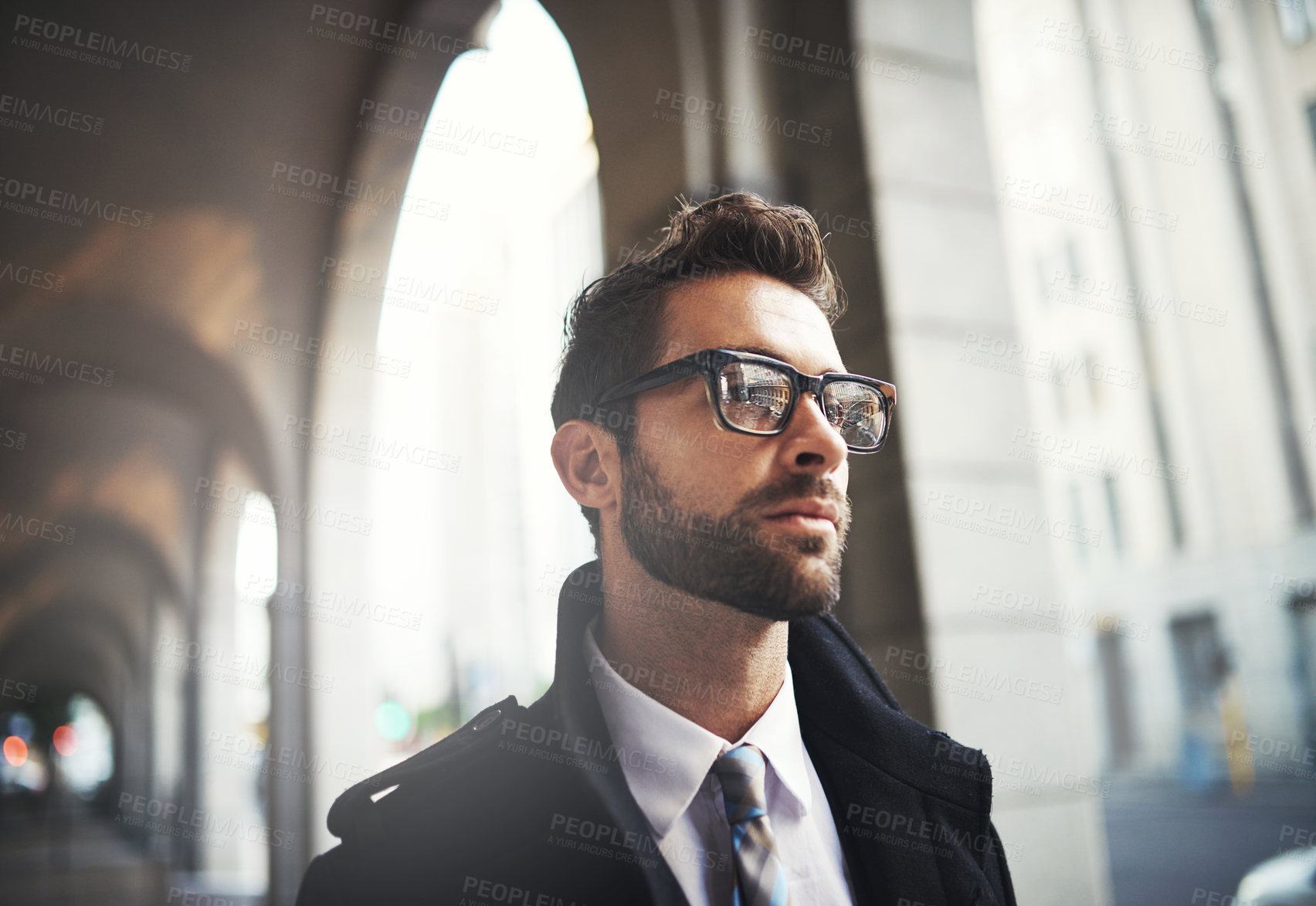 Buy stock photo Thinking, business and man in city, employee and commute with fashion, startup and ideas. Person, travel and consultant in street, glasses for clear vision and professional with corporate clothes