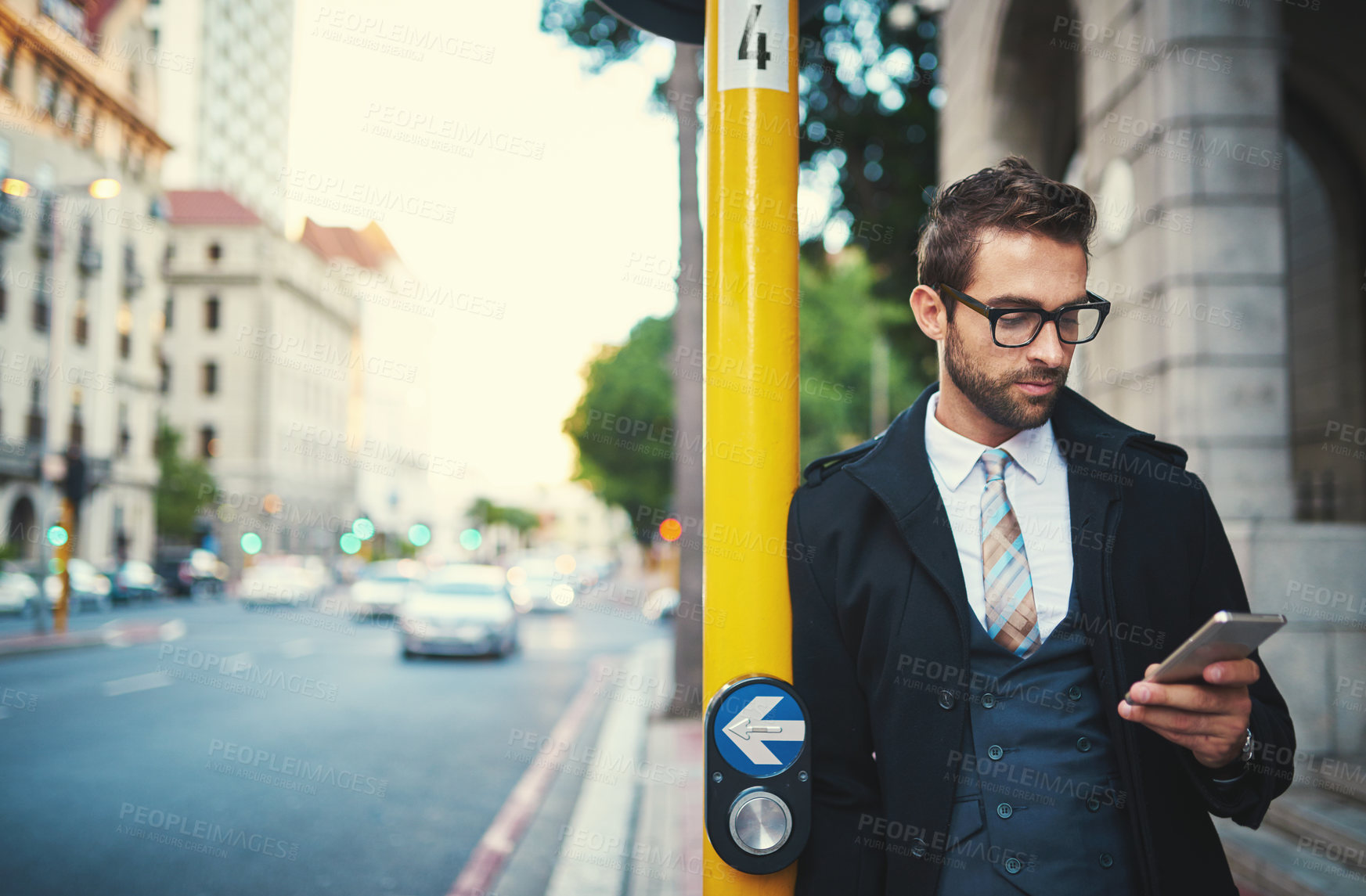 Buy stock photo Businessman, phone and relax in city for communication, commute and morning trip for networking. Male person, legal advice and lawyer to schedule agenda for case planning, email and travel in town