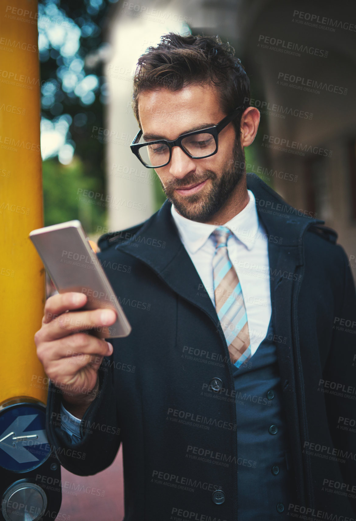 Buy stock photo Businessman, phone and attorney in city for communication, commute and networking email. Male person, legal website and lawyer for case planning research online, information and travel in urban town