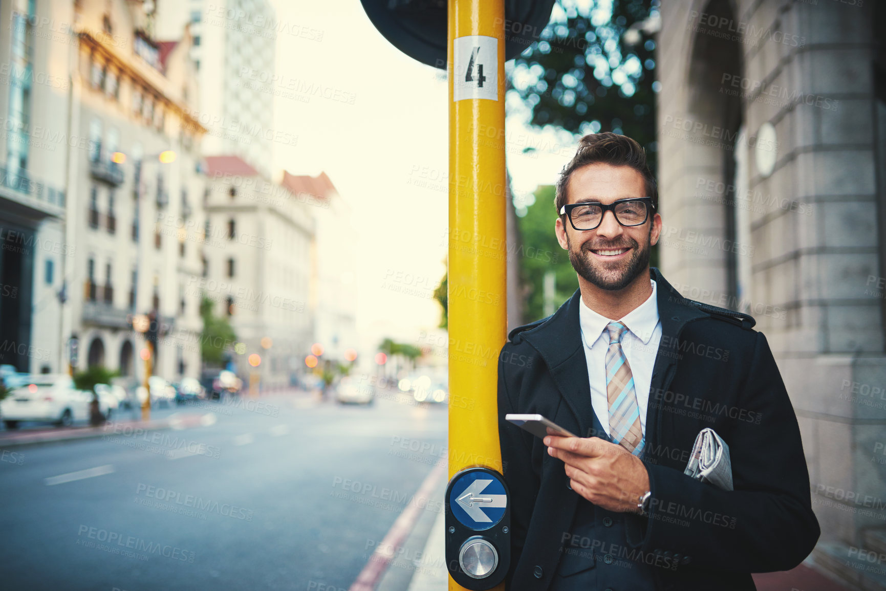 Buy stock photo Businessman, phone and lawyer portrait in city for communication, commute and networking. Male person, professional and advocate to schedule agenda for case planning, outdoor and travel in town