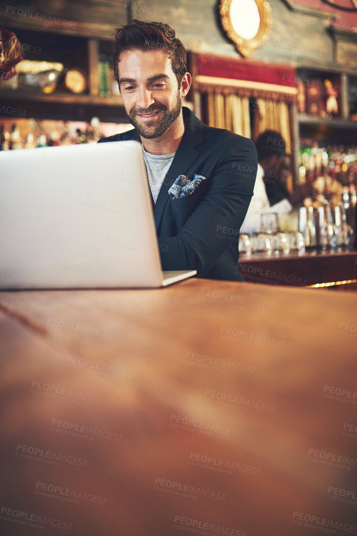 Buy stock photo Bar, business and man with pc, smile and connection with research, thinking and creativity. Restaurant, writer and manuscript with laptop, professional and internet with website information and relax