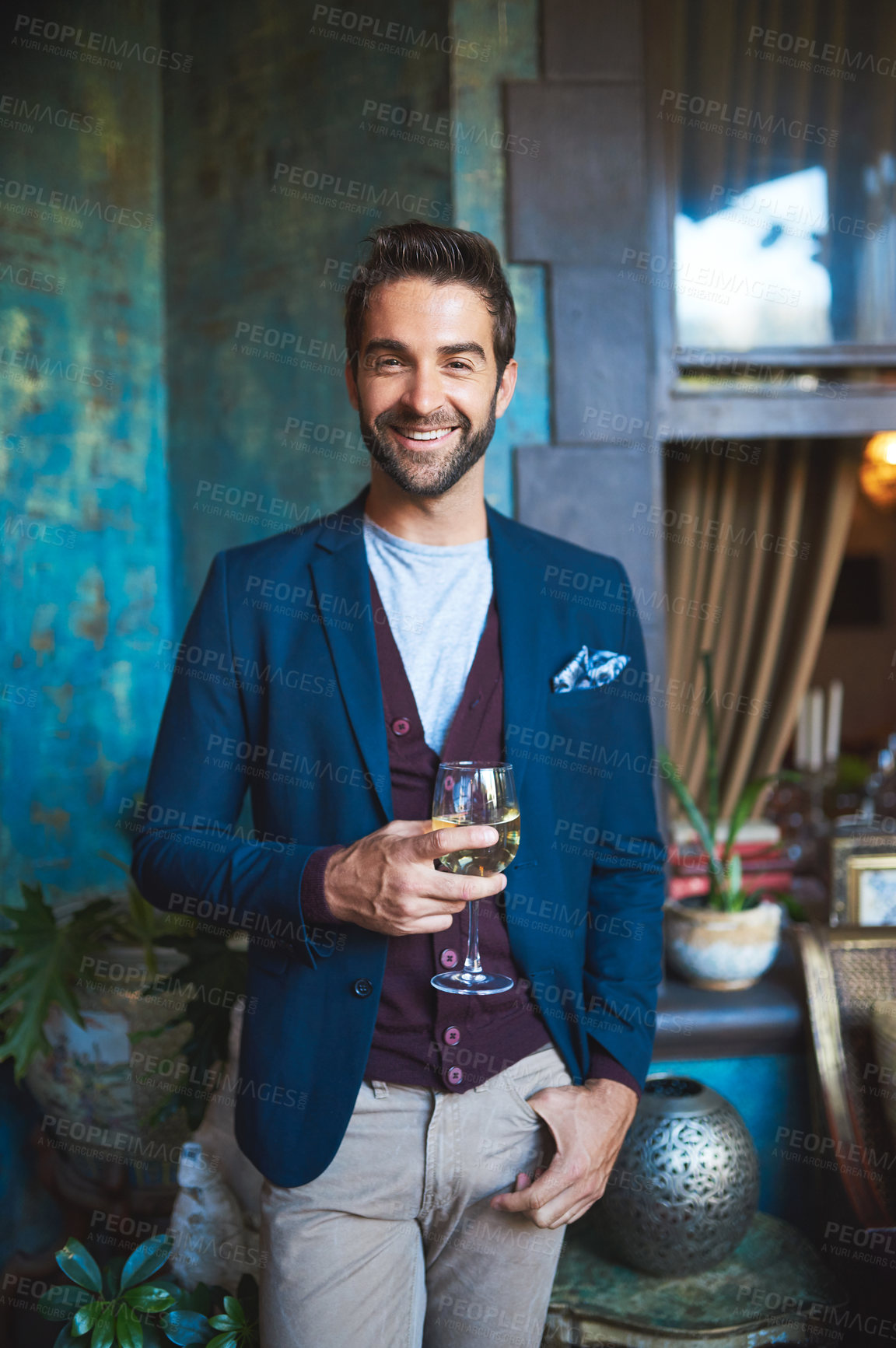 Buy stock photo Drink, confidence and portrait of man in bar with smile for weekend culture, social event and fun style. Wine, glass and gentleman at trendy pub in restaurant with pride, cool fashion and happy hour