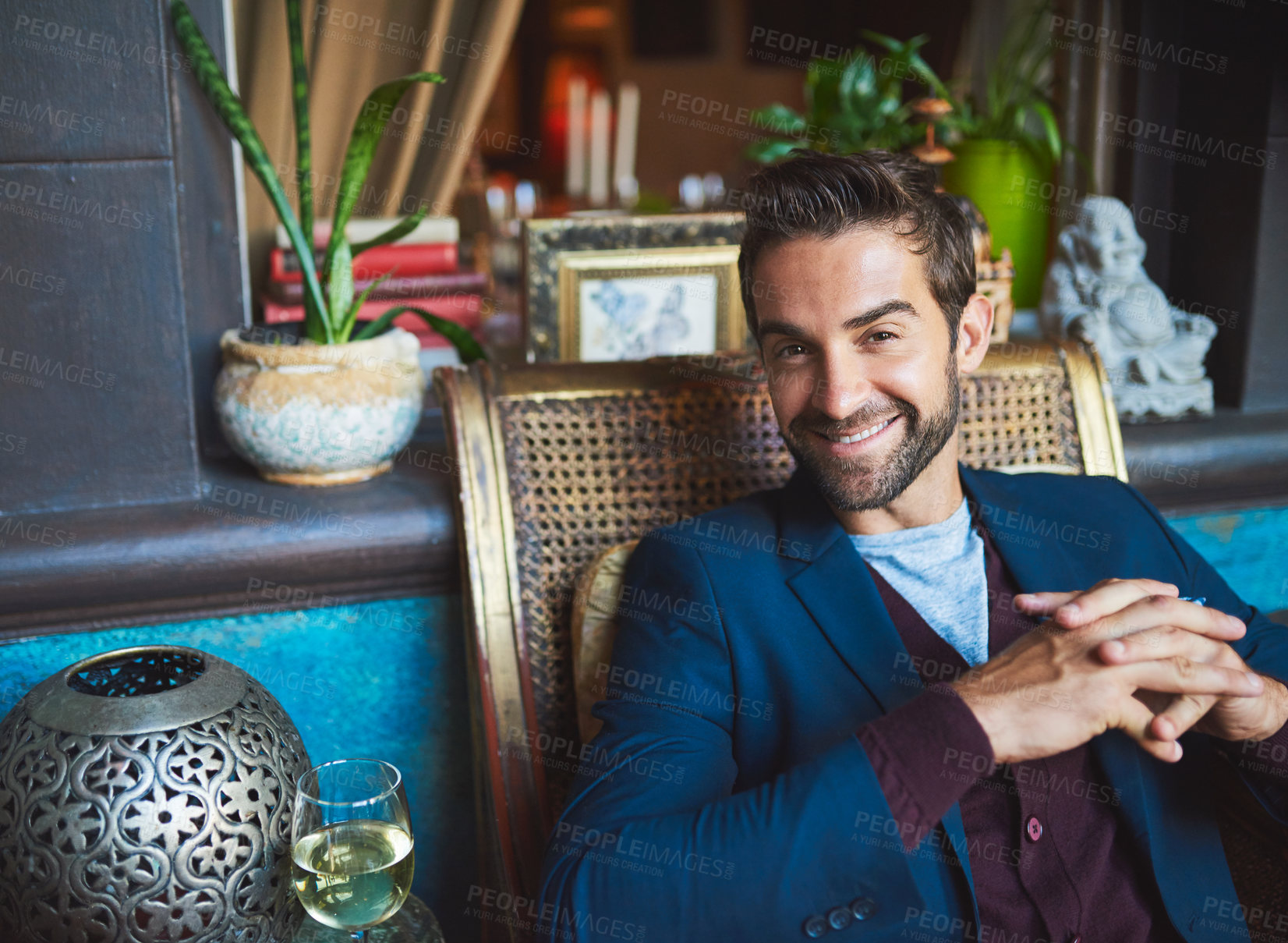 Buy stock photo Interior design, vintage and portrait of man on chair for working, career and creative job. Professional designer, business and happy person with confidence, pride and style for art deco service