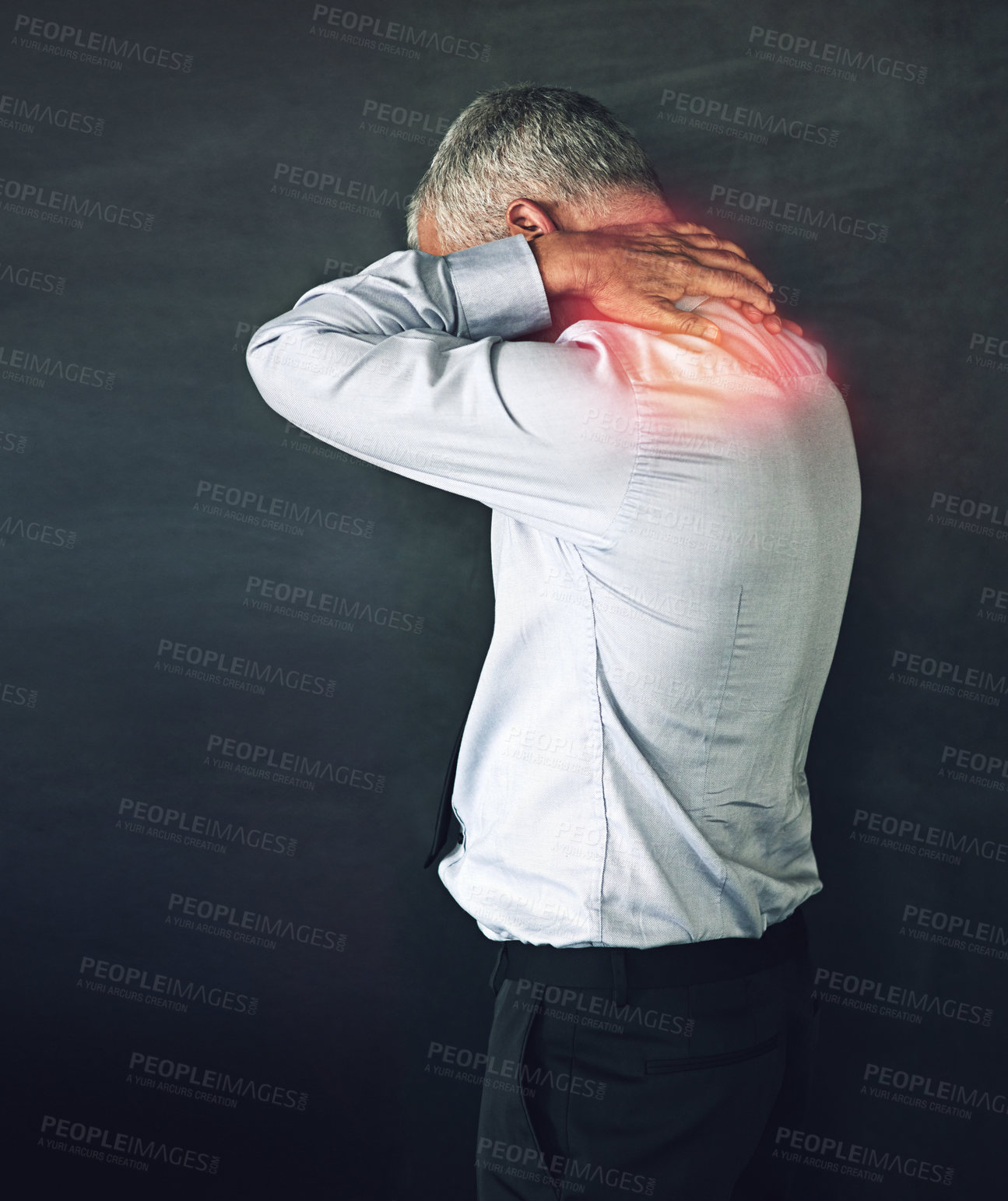 Buy stock photo Burnout, neck pain and business man in studio with tension for stress, medical crisis and anxiety. Professional, x ray and person with muscle strain, accident and posture injury on gray background