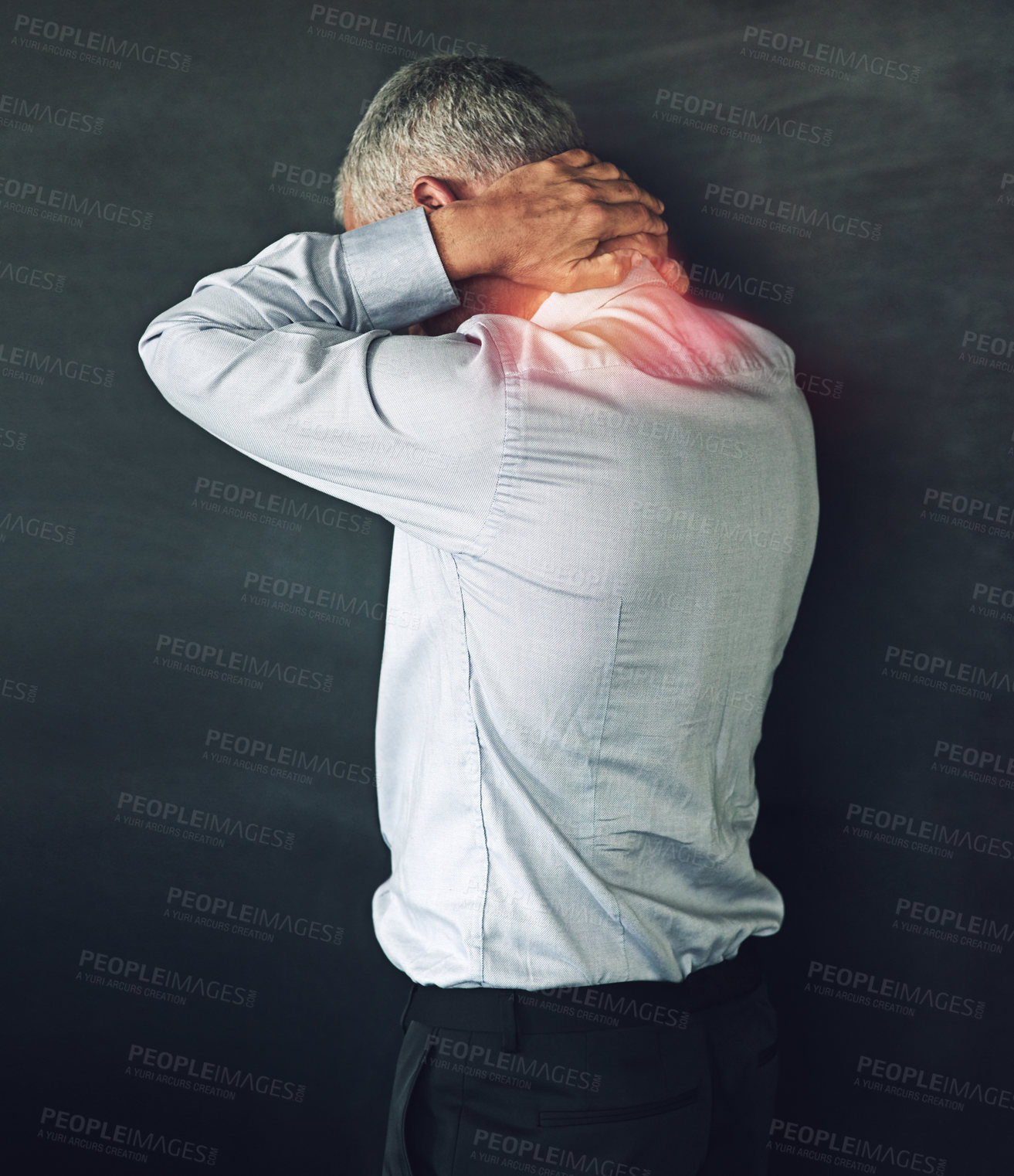 Buy stock photo Injury, neck pain and business man in studio with tension for burnout, medical crisis and anxiety. Professional, overworked and person with muscle strain, accident and red glow on gray background