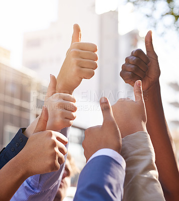 Buy stock photo Business people, hands, thumbs up and teamwork for agreement, collaboration and support at work. Hand of group, yes sign, and thank you for community help, success and solidarity with lens flare