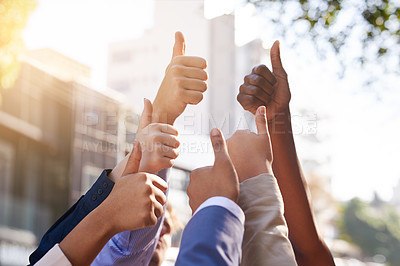 Buy stock photo People, thumbs up and diversity with business success outdoor for agreement, teamwork and lens flare. Global group, hands and yes sign for ok gesture, goal achievement and collaboration in urban city