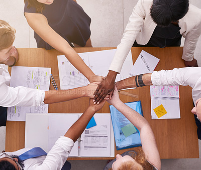 Buy stock photo Business people, top view and hands with teamwork, stack and cooperation for development and support. NPO, meeting and group with documents and diversity with collaboration for project and growth