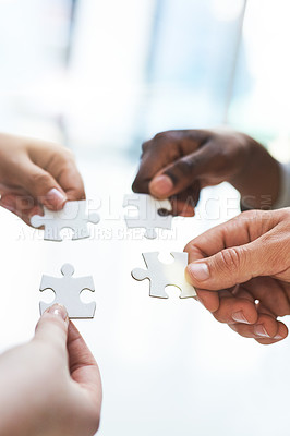 Buy stock photo Hands, business people or puzzle for teamwork, collaboration or problem solving. Jigsaw, growth or office group connect in solidarity for creative solution, partnership or engagement and cooperation