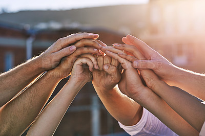 Buy stock photo Hands, support and teamwork with friends outdoor together for partnership, victory or winning. Community, success and team building with group of people in huddle for collaboration, goal or target