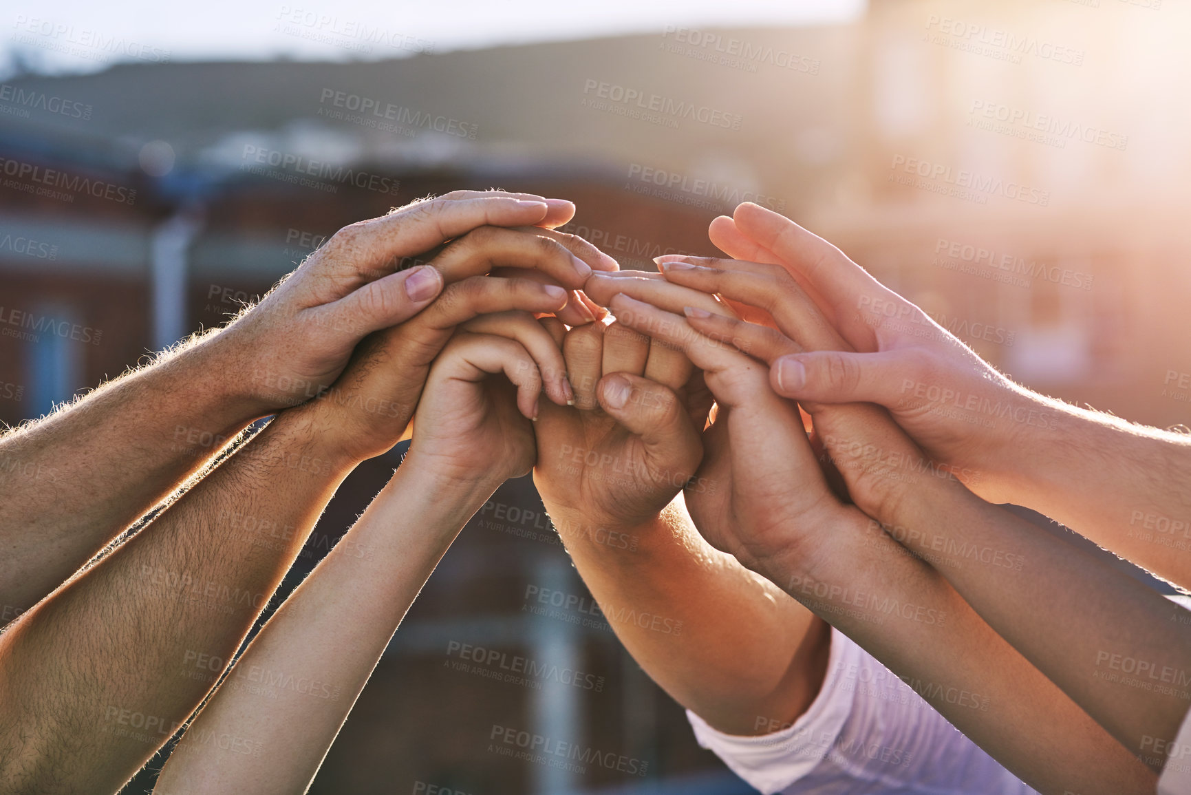 Buy stock photo Hands, support and teamwork with friends outdoor together for partnership, victory or winning. Community, success and team building with group of people in huddle for collaboration, goal or target