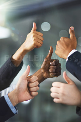 Buy stock photo Teamwork, thumbs up or hands of business people in agreement, support or collaboration together in office. Community, legal rights or group of lawyers in firm with yes sign, okay or like hand gesture