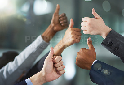 Buy stock photo Shot of a group of office workers giving thumbs up together