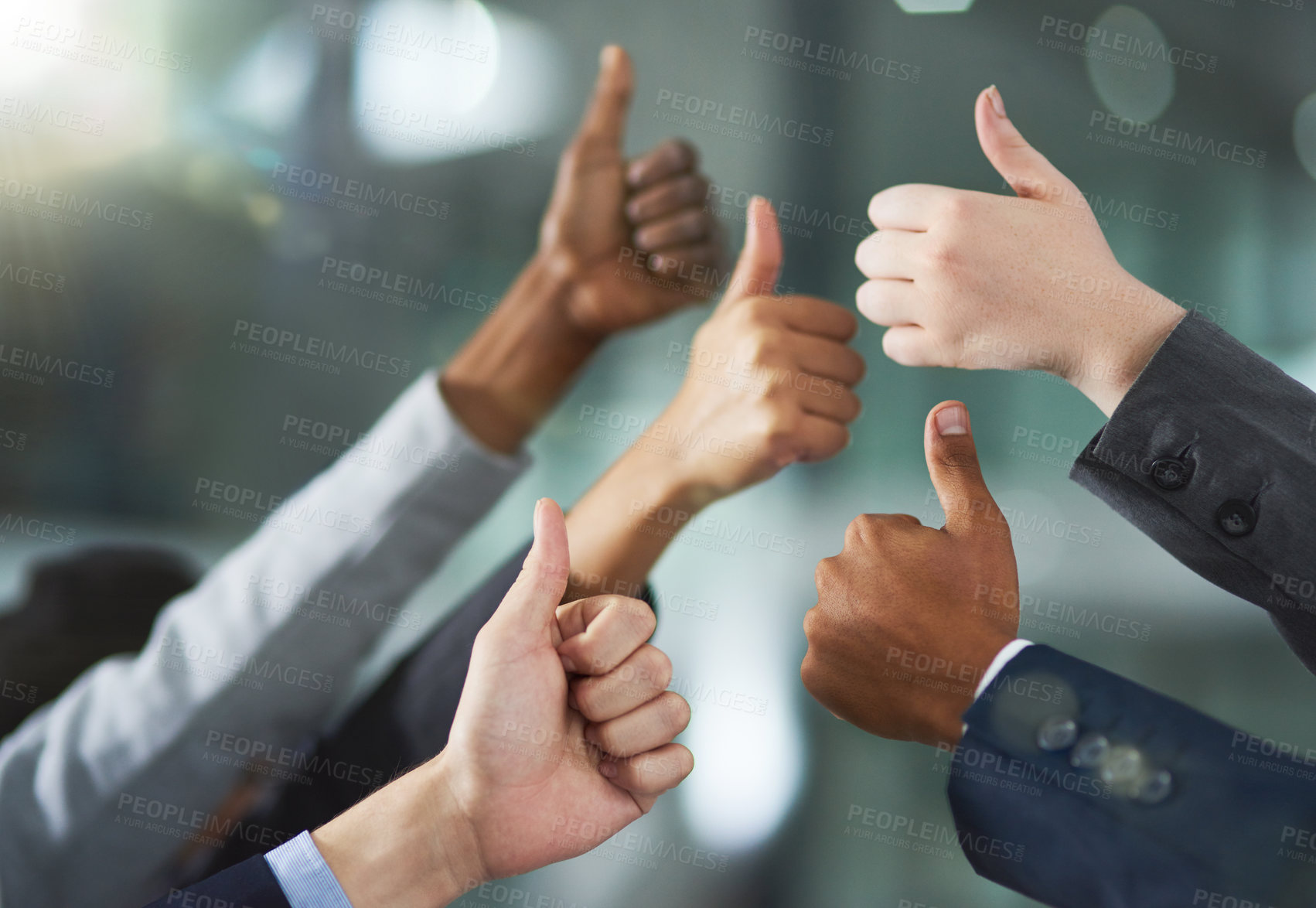 Buy stock photo Shot of a group of office workers giving thumbs up together