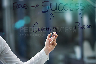 Buy stock photo Shot of a person writing business notes on a window