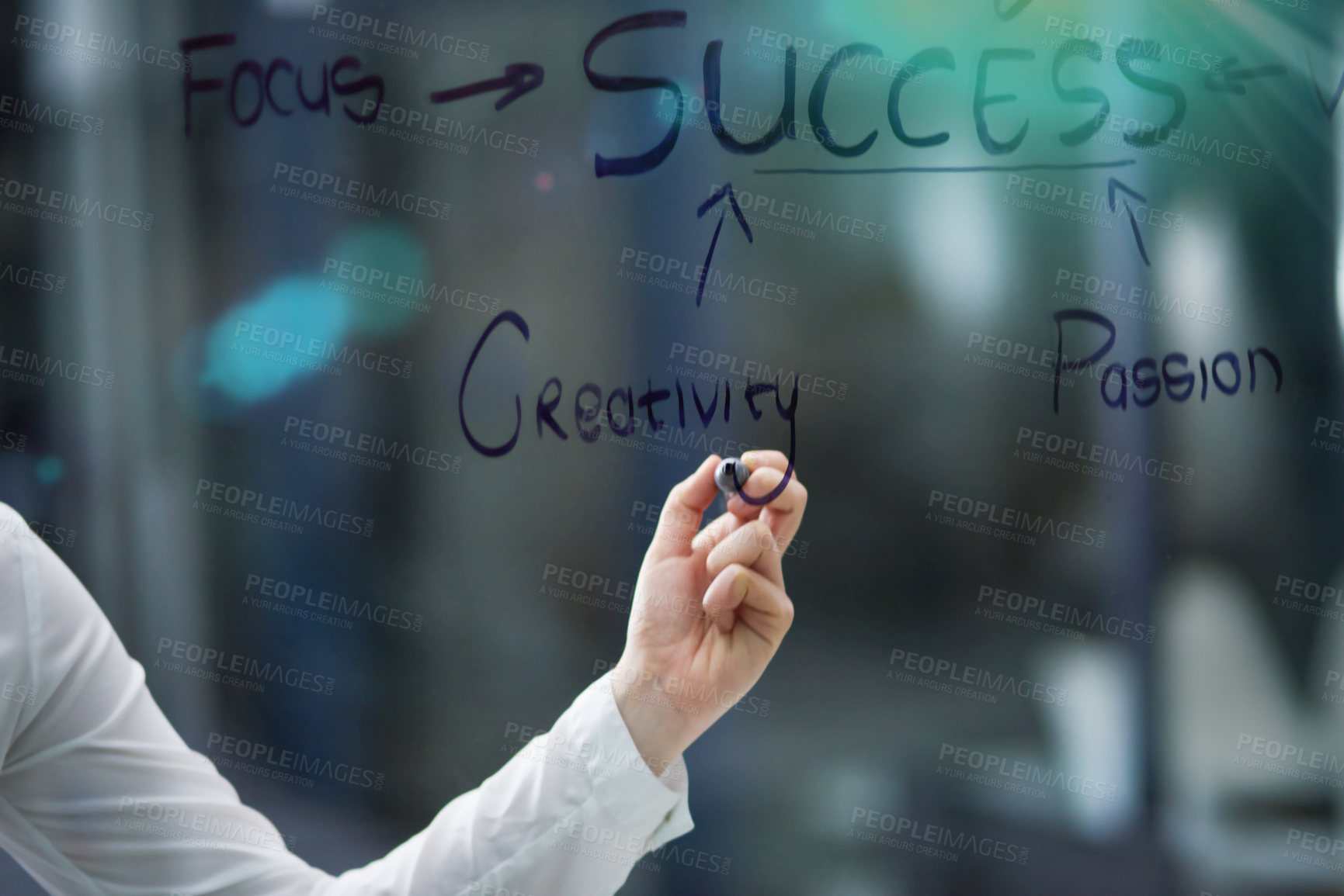 Buy stock photo Shot of a person writing business notes on a window