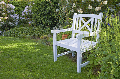 Buy stock photo Relax on a white wooden chair in a serene, peaceful, lush, green private backyard at home on a summer's day. Furniture and seating in an empty and tranquil outside garden with fresh flowers, plants. 