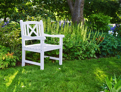 Buy stock photo White lawn chair on the grass in a garden. Cozy secluded area for coffee and reading. Private location to relax and enjoy alone time in the warm summer weather outside