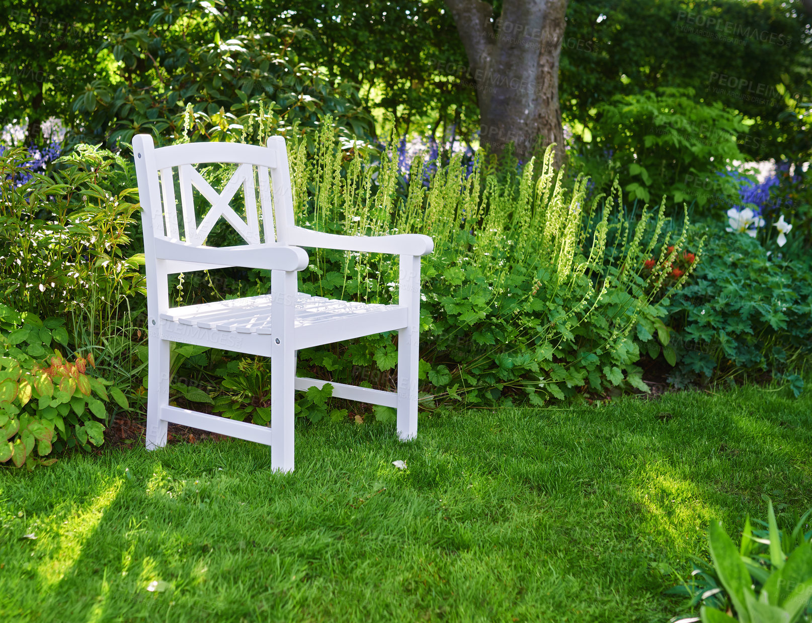 Buy stock photo White lawn chair on the grass in a garden. Cozy secluded area for coffee and reading. Private location to relax and enjoy alone time in the warm summer weather outside