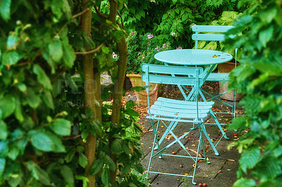 Buy stock photo Garden chairs and table in a serene, peaceful, lush, private home backyard. Metal patio furniture set and seating in empty and tranquil courtyard. Peaceful relaxing spot with fresh flowers and plants