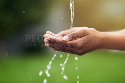 Buy stock photo Hands, water and sustainability with hygiene for environment, health and eco friendly for cleaning. Ecology, future and person with nature nature for sanitation, wellness and care with conservation