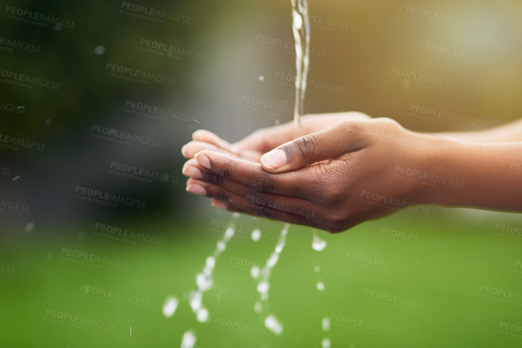 Buy stock photo Hands, water and sustainability with hygiene for environment, health and eco friendly for cleaning. Ecology, future and person with nature nature for sanitation, wellness and care with conservation