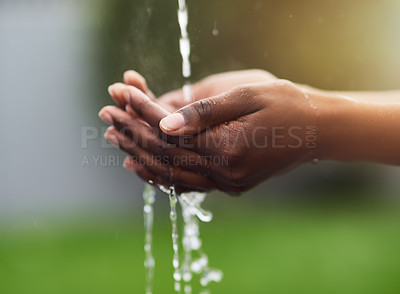 Buy stock photo Hands, sustainability and water drops for hygiene for environment, health and eco friendly for cleaning. Ecology, future and nature with person for sanitation, wellness and bokeh with conservation