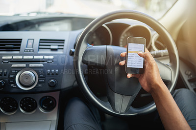 Buy stock photo Phone, texting and driving with hands of person on steering wheel with scroll, danger and risk. Road safety, awareness and driver in car with smartphone, distraction and attention with auto insurance