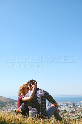 Buy stock photo Love, relax and view with couple for outdoor, romance and having fun together on mountain mockup space. Valentines day, cuddle or care with man, woman and date for commitment and anniversary in field