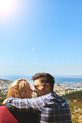 Buy stock photo Back, smile and love with couple in nature for bonding, park conservation date and mountain view. Happiness, holiday and peace with man and woman for vacation, commitment and kiss on mockup space