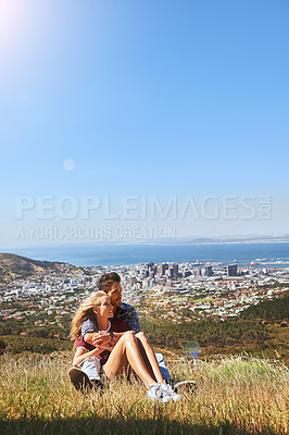 Buy stock photo Love, relax and view with couple for outdoor, romance and having fun together on mountain. Valentines day, cuddle and care with man, woman and nature date for commitment and anniversary in field