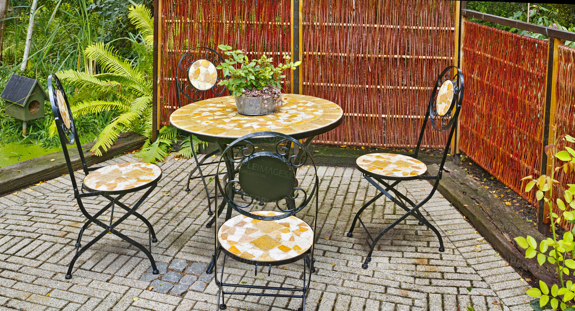 Buy stock photo Set of outdoor dining furniture. Mosaic tile and iron chairs and table on a grey brick patio in a lush garden. Cozy enclosed relaxation area outside. Private location to enjoy the warm summer weather