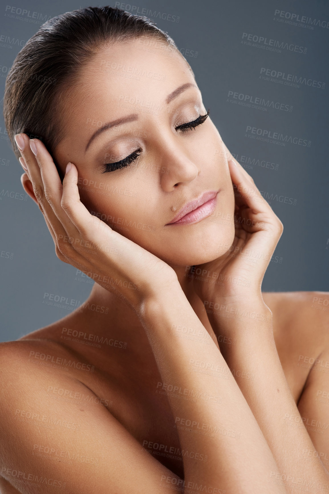 Buy stock photo Woman, skin and eyes closed with thinking in studio for results, wellness or care with memory by dark background. Person, model and reflection for cosmetic, benefits or change for aesthetic with glow