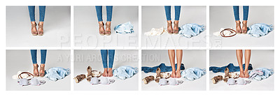 Buy stock photo Legs, dressing and clothes on floor, person and collage of process, messy and routine in morning. Denim, jeans and grey background for model, fashion and feet with heels, choice and decision of style