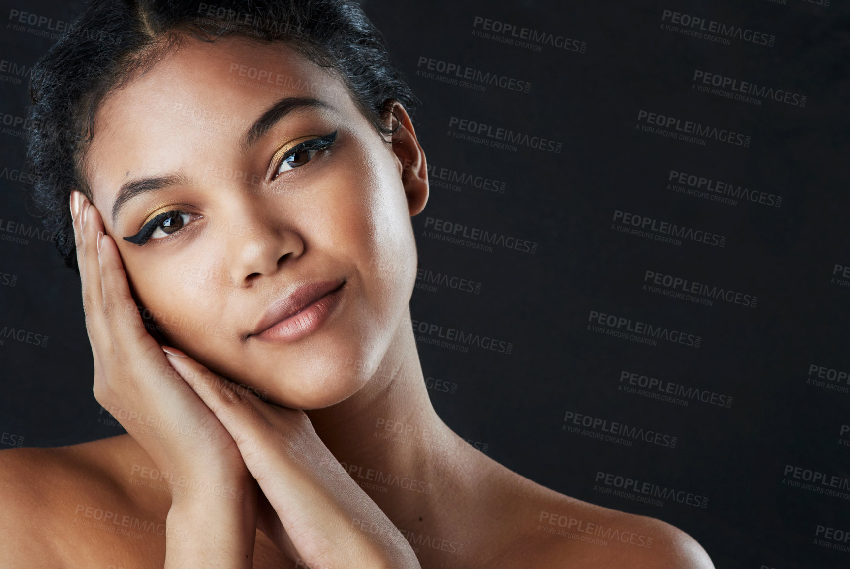 Buy stock photo Girl, skincare and makeup space in portrait with model, face and mockup with results by black background. Beautician, woman and studio for cat eye mascara, cosmetics and glow with beauty in Colombia