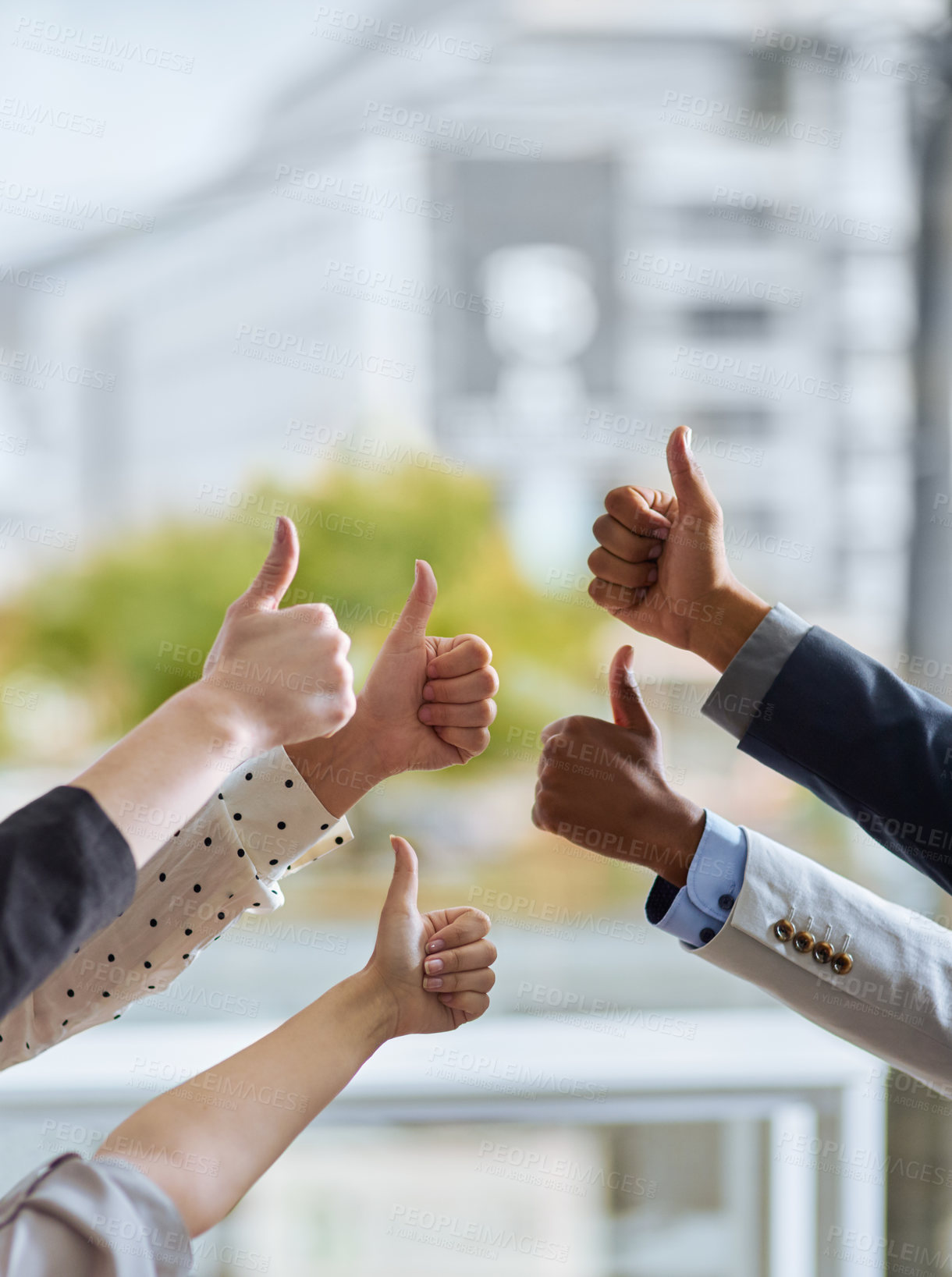 Buy stock photo Business people, hands with thumbs up and support in team, agreement and partnership at the office. Collaboration, thank you and professional success in corporate group, community and synergy