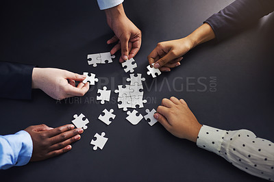 Buy stock photo Hands, puzzle and business people with teamwork, planning and brainstorming for project or cooperation. Closeup, staff or group with mission or problem solving with solution, collaboration or synergy