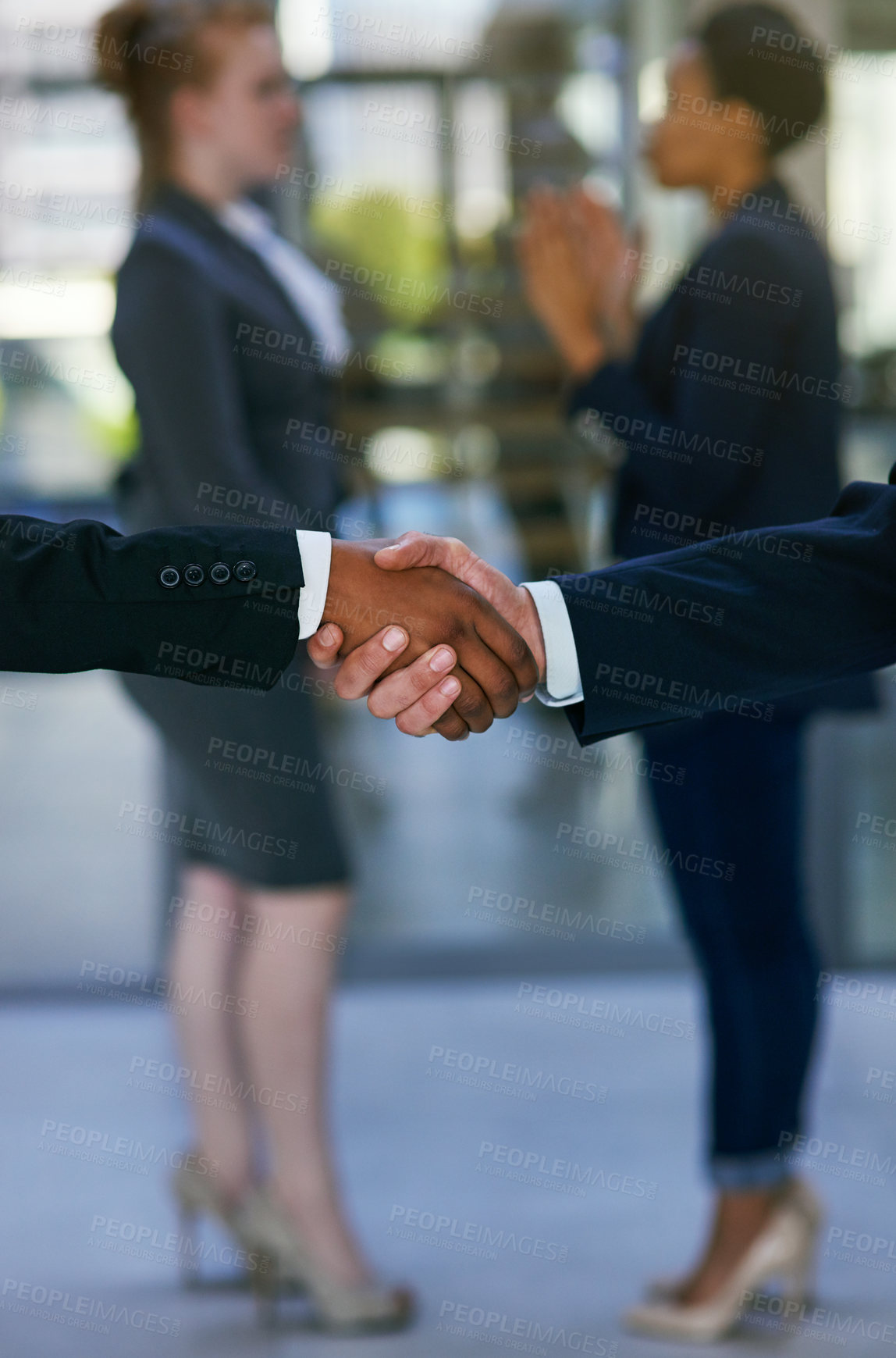 Buy stock photo Business people, closeup and handshake for partnership deal in company building with welcome or b2b. Collaboration, employees or shaking hands for hiring, promotion or onboarding success at workplace
