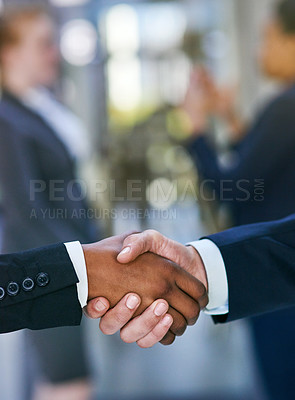 Buy stock photo Business people, closeup or shaking hands for partnership deal in company building with welcome or b2b. Collaboration, employees or handshake for hiring, promotion or onboarding contract at workplace
