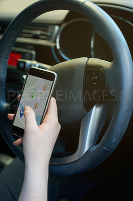 Buy stock photo Drive, map and phone with person in car for directions to location, navigation or travel on app. Driving, mobile and route with hand of driver in vehicle for journey, transport or trip to destination