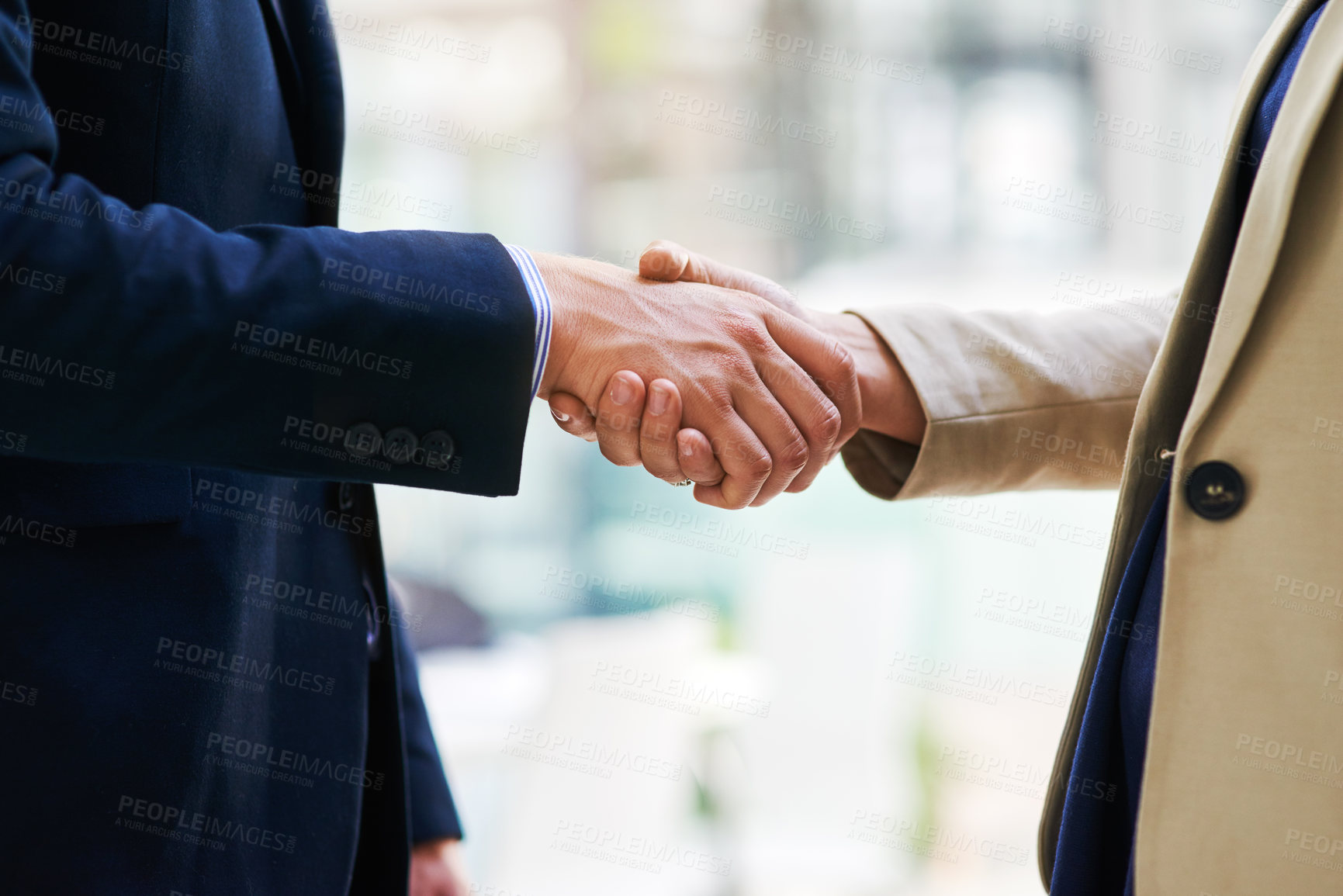 Buy stock photo Business people, handshake and meeting for deal, partnership or teamwork at office. Colleagues, shaking hands and collaborate with trust for b2b agreement, introduction or welcome at company