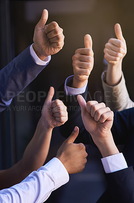 Buy stock photo Business people, hands and thumbs up in agreement for collaboration, community and diversity at office. Group, together and arms in air for teamwork, solidarity and company support at workplace