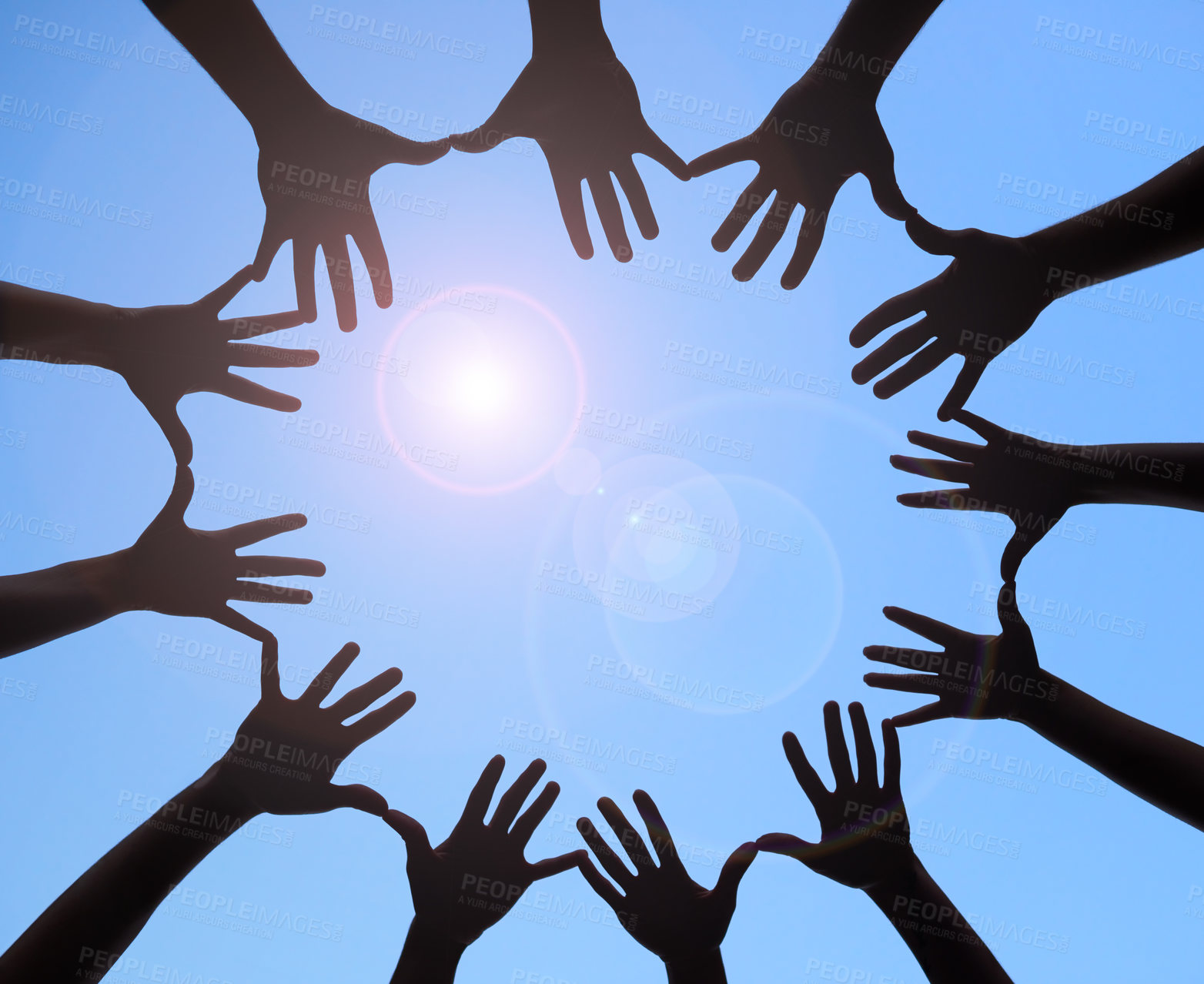 Buy stock photo Shot of a group of hands spread out together in a circle