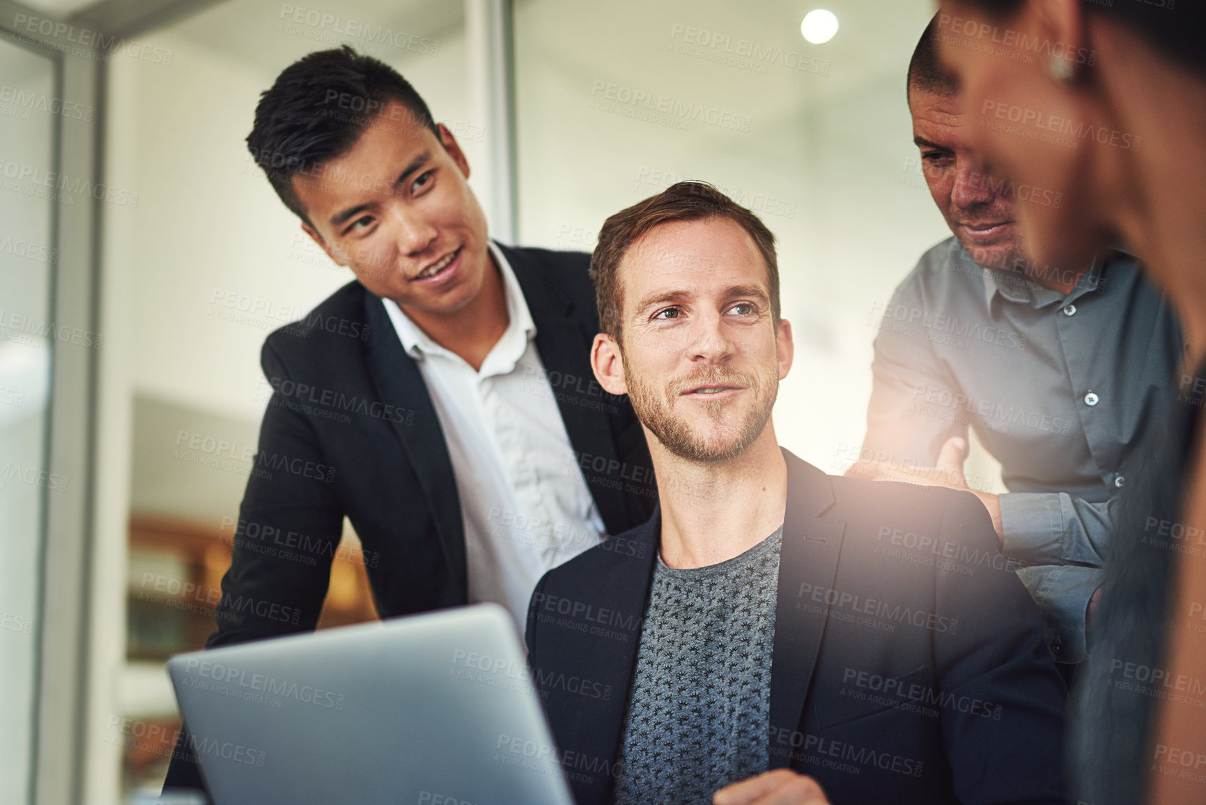 Buy stock photo Teamwork, advice and man in office with laptop, mentorship and ideas for growth, solidarity and support. Management, development and business people in meeting with discussion, strategy and planning