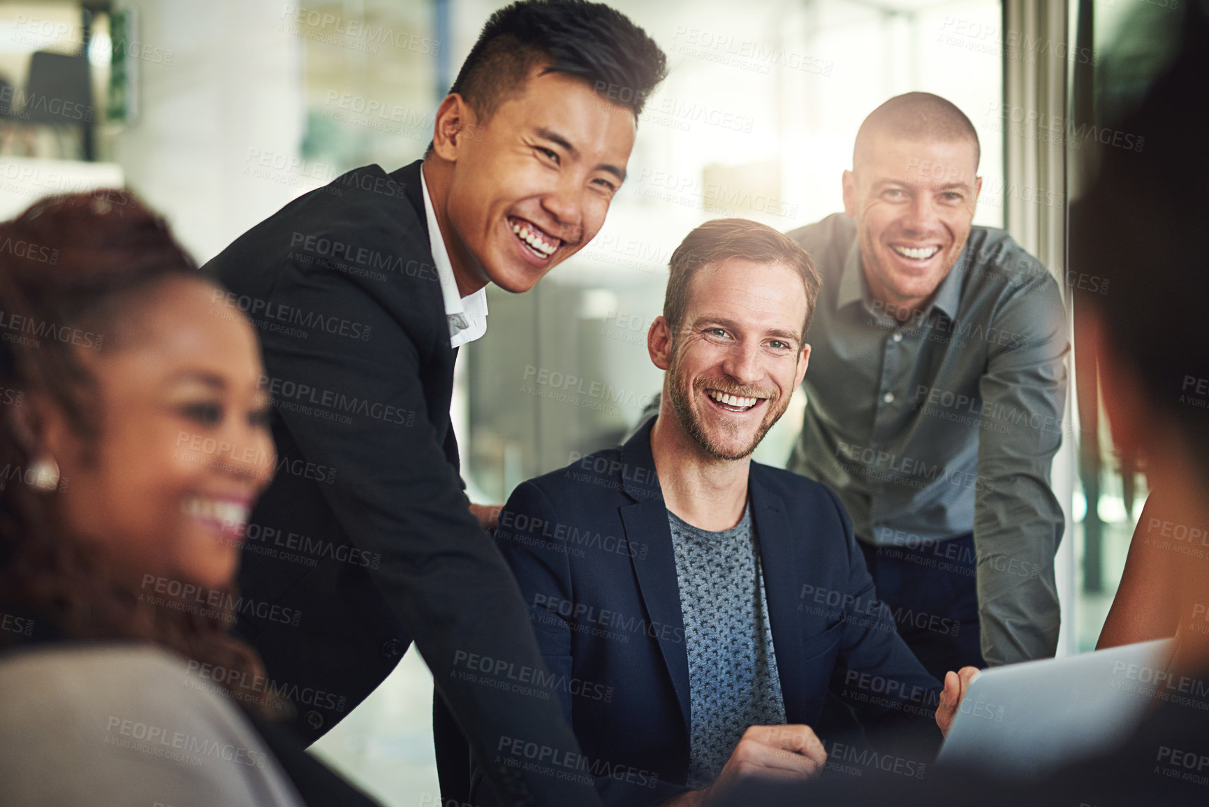 Buy stock photo Team, smile and man in interview with laptop, meeting and funny support on project management. Leadership, solidarity and group of happy business people in office with mentor, advice or strategy plan