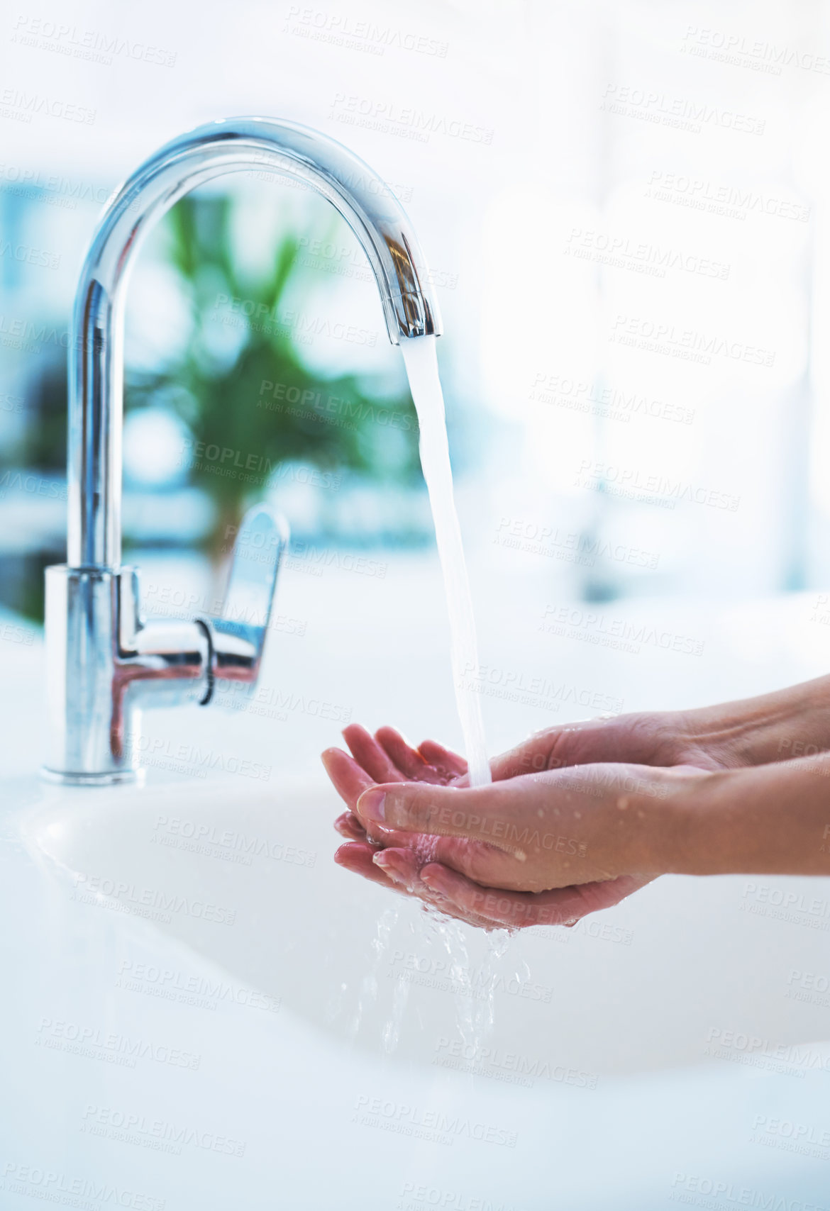 Buy stock photo Water, cleaning hands and hygiene in bathroom, skincare and sustainability with disinfection from germs or bacteria. Health, wellness and handwashing for cleanliness, splash with tap and sink at home