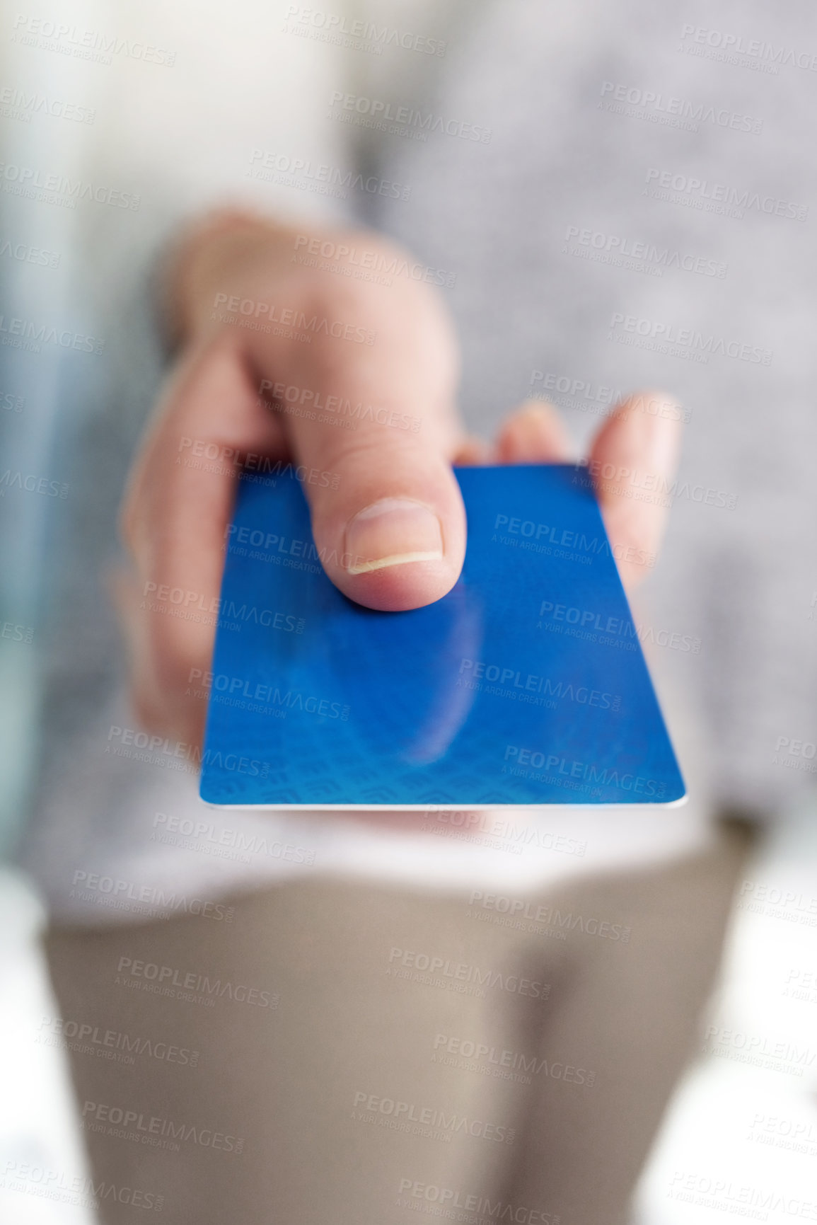 Buy stock photo Closeup, hand and woman with offer of credit card for  point of sale, banking transaction and shopping. Person, capital and customer with payment for discount, investment and financial service