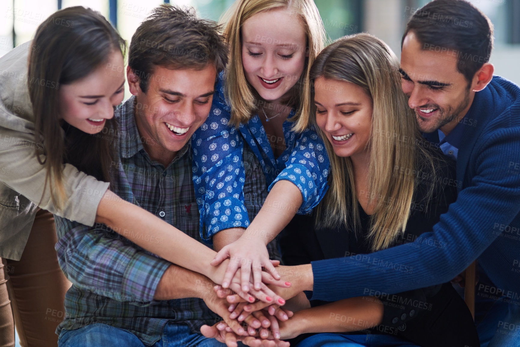 Buy stock photo Happy, people and hands stack in support of success, goals and trust of mission, cooperation and synergy. Motivation, hand and group collaboration of teamwork, achievement and celebrate solidarity 